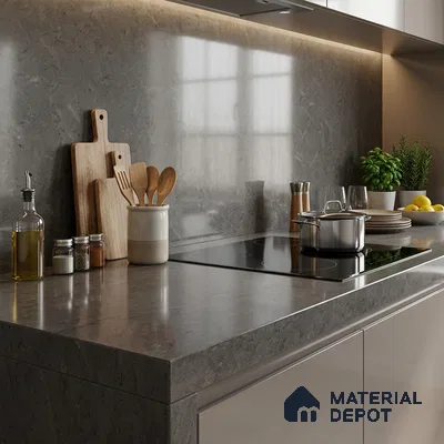 Stone Counter Top Slab TL 10060 B Steel Grey 8 ft x 2.62 ft Glossy Finish Vitrified Large Format Tile - 15 mm | Suitable For Counter Top, Dining Table Top & Window Frame