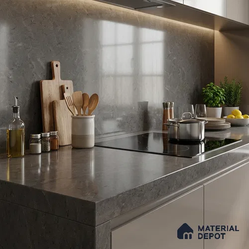 Stone Counter Top Slab TL 10060 B Steel Grey 8 ft x 2.62 ft Glossy Finish Vitrified Large Format Tile - 15 mm | Suitable For Counter Top, Dining Table Top & Window Frame