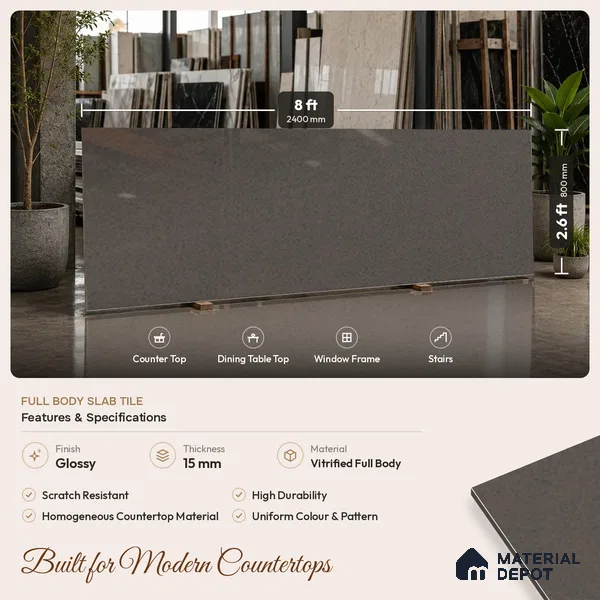 Stone Counter Top Slab TL 10057 C Grainy Walnut Polished 8 ft x 2.62 ft Glossy Finish Vitrified Large Format Tile - 15 mm | Suitable For Counter Top, Dining Table Top & Window Frame
