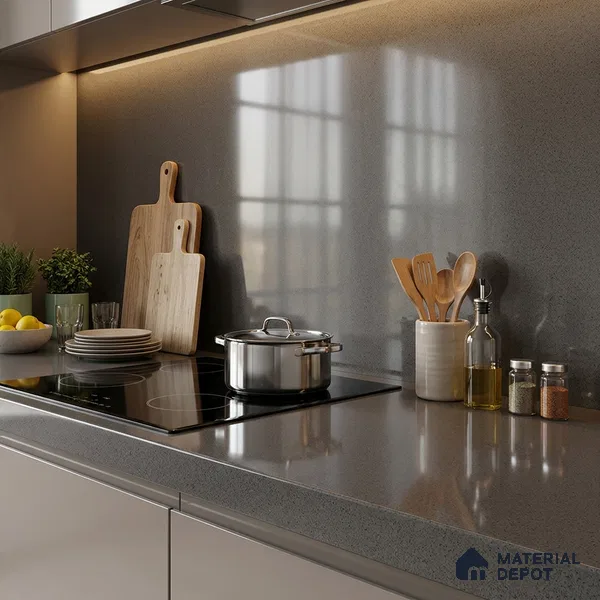 Stone Counter Top Slab TL 10057 C Grainy Walnut Polished 8 ft x 2.62 ft Glossy Finish Vitrified Large Format Tile - 15 mm | Suitable For Counter Top, Dining Table Top & Window Frame