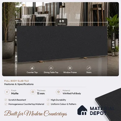 Stone Counter Top Slab TL 10057 G Grainy Black 8 ft x 2.62 ft Matte Finish Full Body Vitrified Large Format Tile - 15 mm | Suitable For Counter Top, Dining Table Top & Window Frame