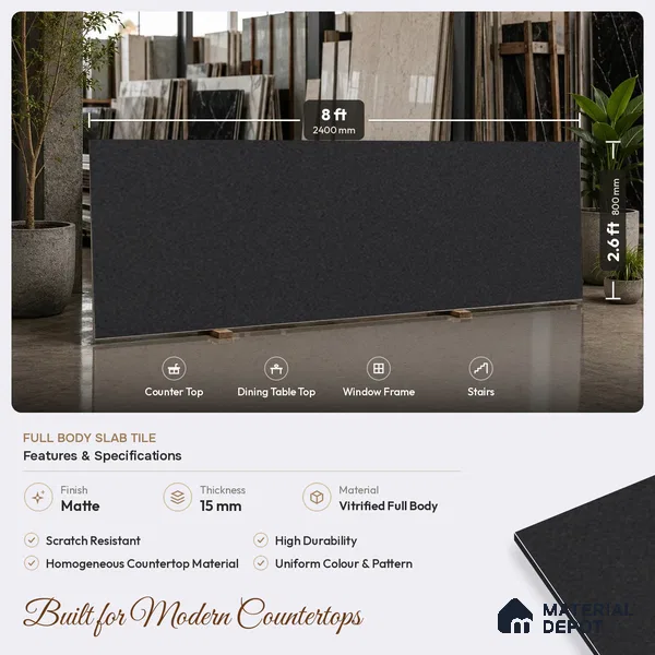 Stone Counter Top Slab TL 10057 G Grainy Black 8 ft x 2.62 ft Matte Finish Full Body Vitrified Large Format Tile - 15 mm | Suitable For Counter Top, Dining Table Top & Window Frame