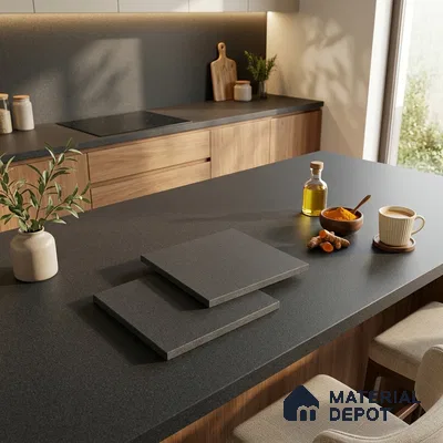 Stone Counter Top Slab TL 10057 G Grainy Black 8 ft x 2.62 ft Matte Finish Full Body Vitrified Large Format Tile - 15 mm | Suitable For Counter Top, Dining Table Top & Window Frame