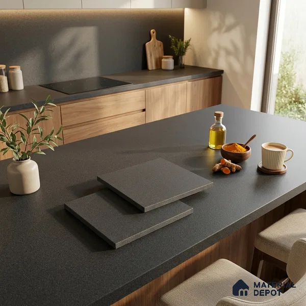 Stone Counter Top Slab TL 10057 G Grainy Black 8 ft x 2.62 ft Matte Finish Full Body Vitrified Large Format Tile - 15 mm | Suitable For Counter Top, Dining Table Top & Window Frame
