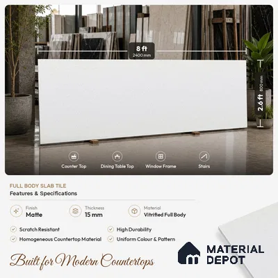 Stone Look Counter Top Slab TL 10057 H Grainy White 8 ft x 2.62 ft Matte Finish Full Body Vitrified Large Format Tile - 15 mm | Suitable For Counter Top, Dining Table Top & Window Frame