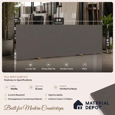 Stone Counter Top Slab TL 10057 I Grainy Walnut 8 ft x 2.62 ft Matte Finish Full Body Vitrified Large Format Tile - 15 mm | Suitable For Counter Top, Dining Table Top & Window Frame