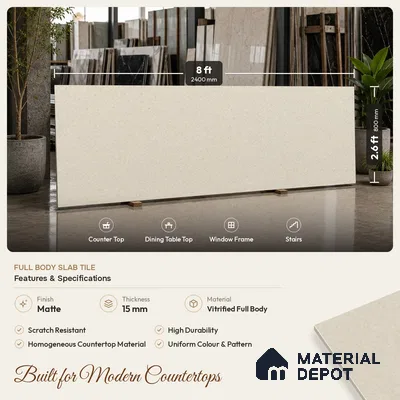 Stone Counter Top Slab TL 10057 K Grainy Crema 8 ft x 2.62 ft Matte Finish Full Body Vitrified Large Format Tile - 15 mm | Suitable For Counter Top, Dining Table Top & Window Frame