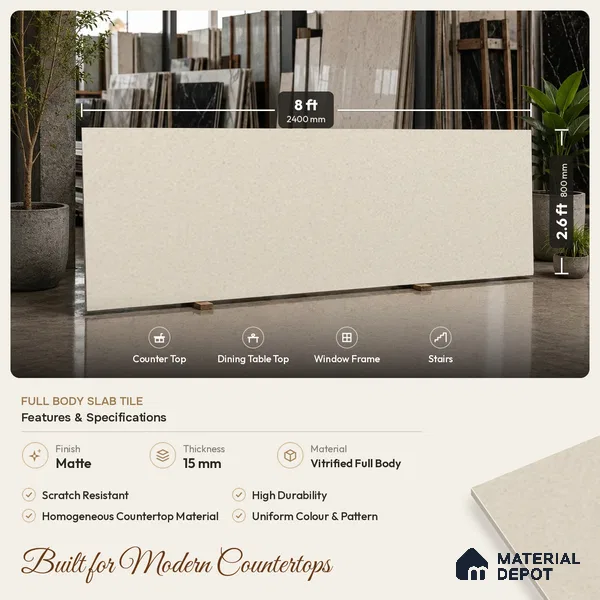 Stone Counter Top Slab TL 10057 K Grainy Crema 8 ft x 2.62 ft Matte Finish Full Body Vitrified Large Format Tile - 15 mm | Suitable For Counter Top, Dining Table Top & Window Frame
