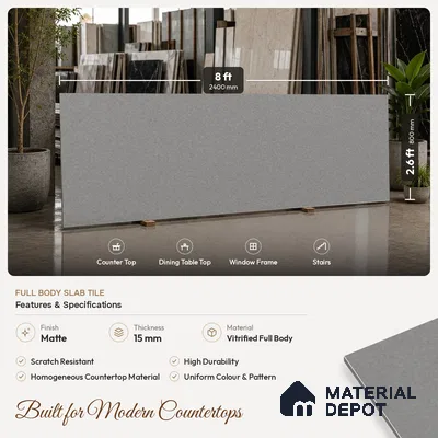 Stone Counter Top Slab TL 10057 L Grainy Grey 8 ft x 2.62 ft Matte Finish Full Body Vitrified Large Format Tile - 15 mm | Suitable For Counter Top, Dining Table Top & Window Frame