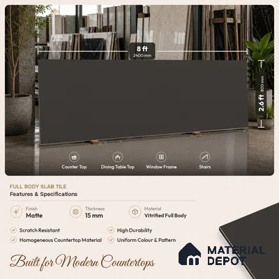 Stone Counter Top Slab TL 10059 Graphite Grey 8 ft x 2.62 ft Matte Finish Full Body Vitrified Large Format Tile - 15 mm | Suitable For Counter Top, Dining Table Top & Window Frame