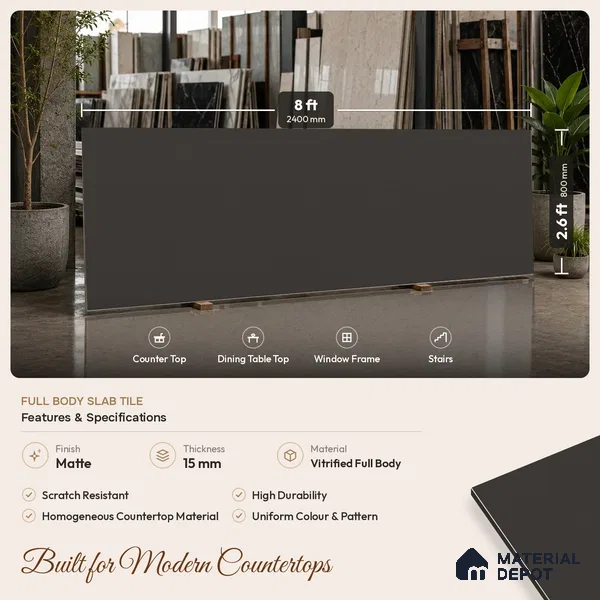 Stone Counter Top Slab TL 10059 Graphite Grey 8 ft x 2.62 ft Matte Finish Full Body Vitrified Large Format Tile - 15 mm | Suitable For Counter Top, Dining Table Top & Window Frame