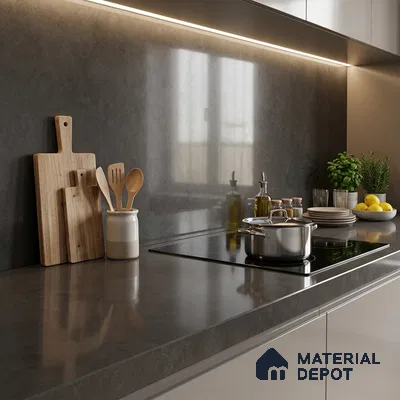 Plain Counter Top Slab TL 10059 B Graphite Grey 8 ft x 2.62 ft Glossy Finish Vitrified Large Format Tile - 15 mm | Suitable For Counter Top, Dining Table Top & Window Frame