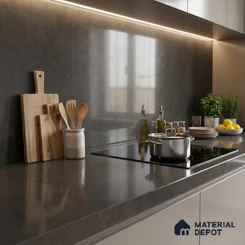 Plain Counter Top Slab TL 10059 B Graphite Grey 8 ft x 2.62 ft Glossy Finish Vitrified Large Format Tile - 15 mm | Suitable For Counter Top, Dining Table Top & Window Frame
