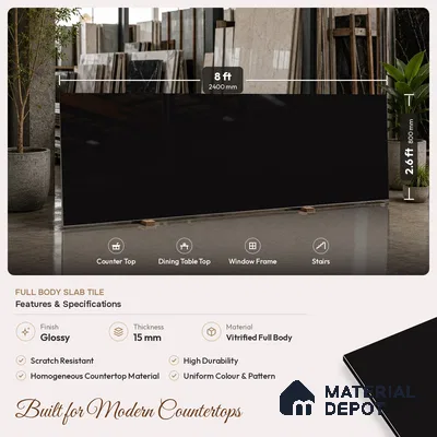 Plain Counter Top Slab TL 10061 Black 8 ft x 2.62 ft Glossy Finish Vitrified Large Format Tile - 15 mm | Suitable For Counter Top, Dining Table Top & Window Frame