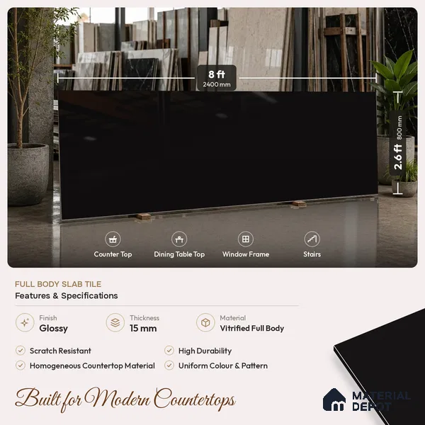 Plain Counter Top Slab TL 10061 Black 8 ft x 2.62 ft Glossy Finish Vitrified Large Format Tile - 15 mm | Suitable For Counter Top, Dining Table Top & Window Frame