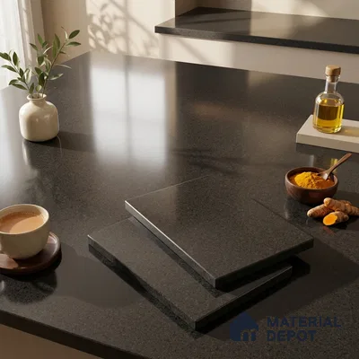 Plain Counter Top Slab TL 10061 Black 8 ft x 2.62 ft Glossy Finish Vitrified Large Format Tile - 15 mm | Suitable For Counter Top, Dining Table Top & Window Frame