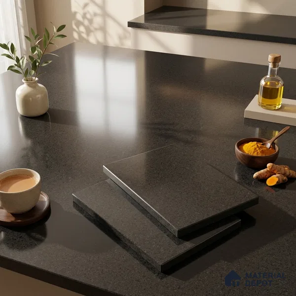 Plain Counter Top Slab TL 10061 Black 8 ft x 2.62 ft Glossy Finish Vitrified Large Format Tile - 15 mm | Suitable For Counter Top, Dining Table Top & Window Frame