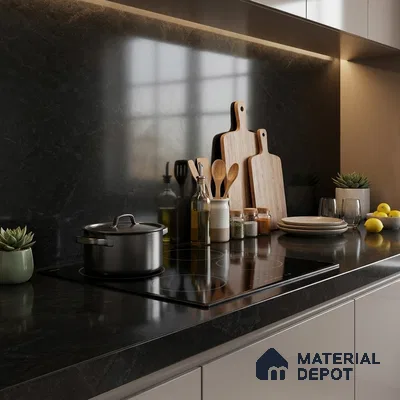 Plain Counter Top Slab TL 10061 Black 8 ft x 2.62 ft Glossy Finish Vitrified Large Format Tile - 15 mm | Suitable For Counter Top, Dining Table Top & Window Frame