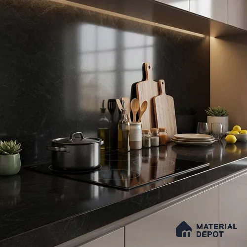 Plain Counter Top Slab TL 10061 Black 8 ft x 2.62 ft Glossy Finish Vitrified Large Format Tile - 15 mm | Suitable For Counter Top, Dining Table Top & Window Frame
