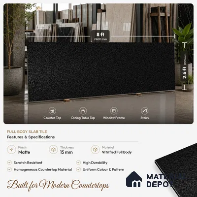 Stone Counter Top Slab TL 10063 Glitter Black 8 ft x 2.62 ft Matte Finish Full Body Vitrified Large Format Tile - 15 mm | Suitable For Counter Top, Dining Table Top & Window Frame