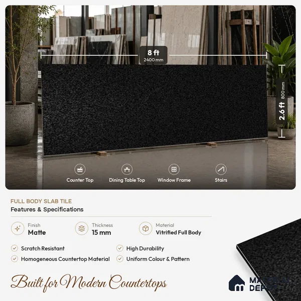Stone Counter Top Slab TL 10063 Glitter Black 8 ft x 2.62 ft Matte Finish Full Body Vitrified Large Format Tile - 15 mm | Suitable For Counter Top, Dining Table Top & Window Frame