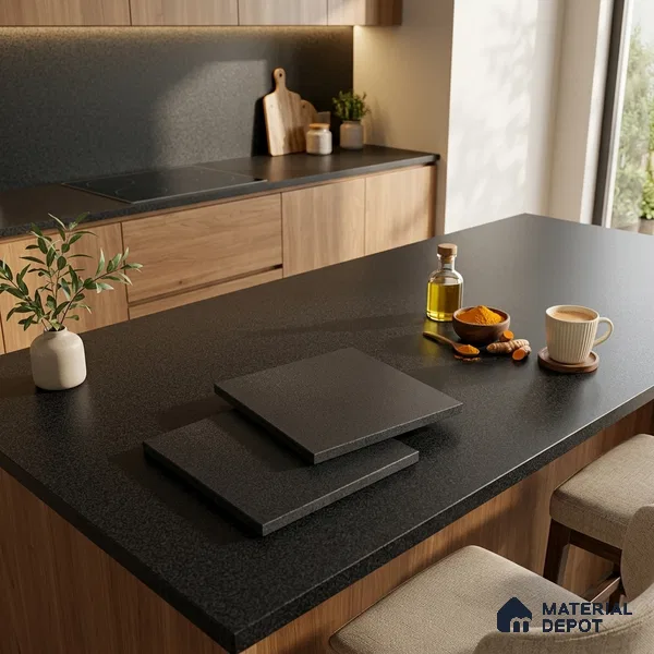 Stone Counter Top Slab TL 10063 Glitter Black 8 ft x 2.62 ft Matte Finish Full Body Vitrified Large Format Tile - 15 mm | Suitable For Counter Top, Dining Table Top & Window Frame