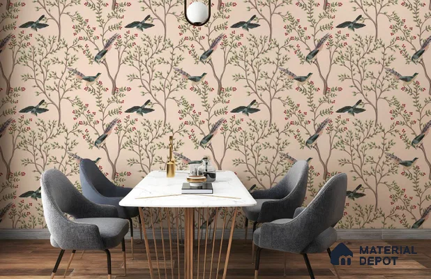 Berrywing Grove Chinoserie Blossom Oriental Mural Art | WP 04012 B Canvas Texture Finish Chinoiserie Style luxurious Customized size Wallpaper | 250 GSM WP01CNF Paper | (MOQ = 30 Sq. Ft.)