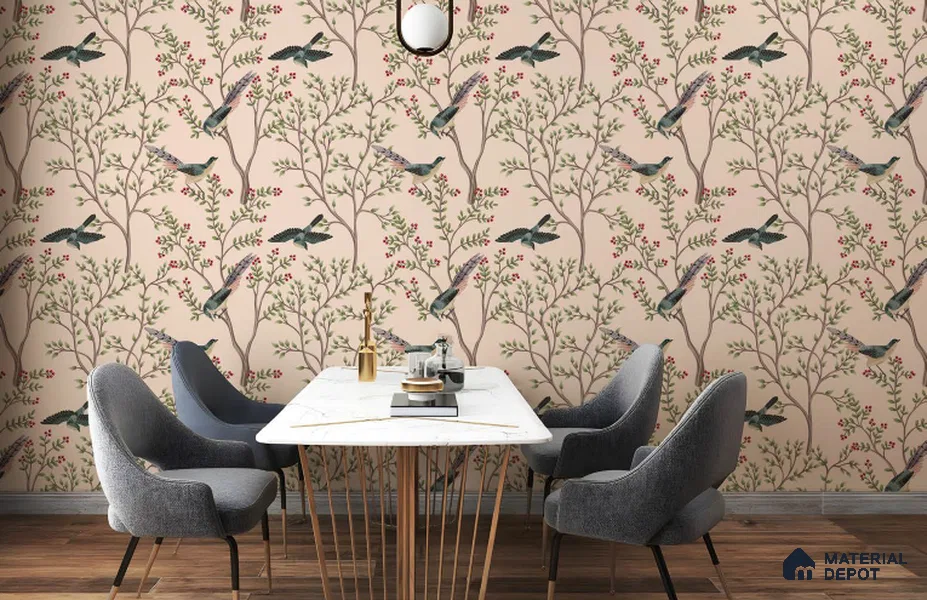 Berrywing Grove Chinoserie Blossom Oriental Mural Art | WP 04012 B Canvas Texture Finish Chinoiserie Style luxurious Customized size Wallpaper | 250 GSM WP01CNF Paper | (MOQ = 30 Sq. Ft.)