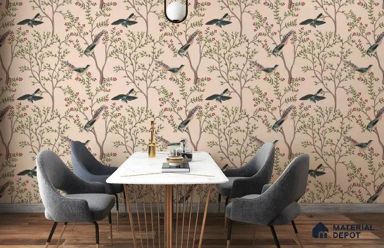 Berrywing Grove Chinoserie Blossom Oriental Mural Art | WP 04012 Non Woven Matte Finish Chinoiserie Style Premium Customized size Wallpaper | 150 GSM WP01MTF Paper | (MOQ = 30 Sq. Ft.)