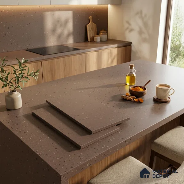 Terrazzo Counter Top Slab TL 12556 B Galaxy Cocoa 8 ft x 2.62 ft Brown Full Body Vitrified Matte Finish - 15 mm | Suitable For Counter Top, Dining Table Top & Window Frame