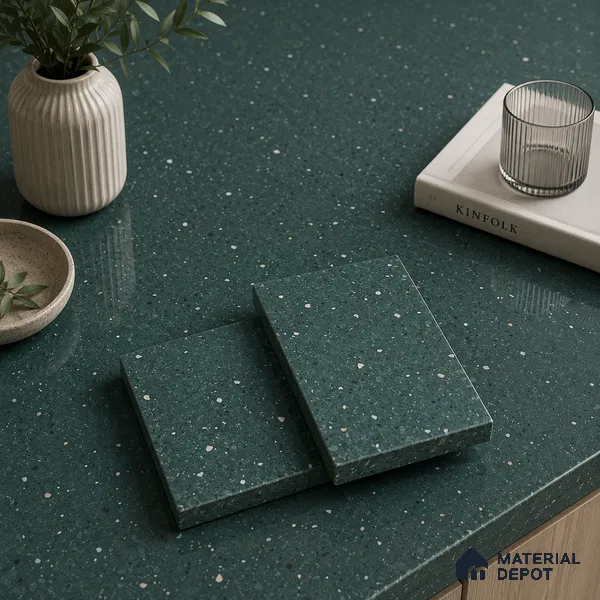 Terrazzo Large Format Slab TL 12554 Pallazio Emerald 8 ft x 2.62 ft White Full Body Glossy Finish - 15 mm | Suitable for Counter Top, Table Top & Window Frame