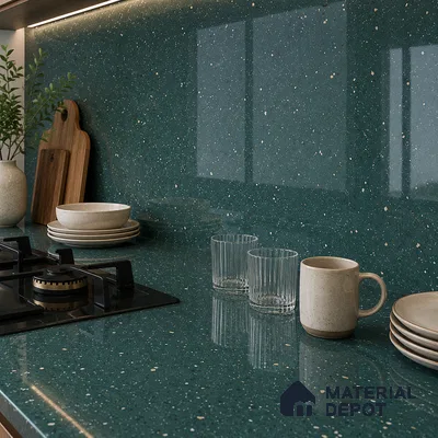 Terrazzo Large Format Slab TL 12554 Pallazio Emerald 8 ft x 2.62 ft White Full Body Glossy Finish - 15 mm | Suitable for Counter Top, Table Top & Window Frame