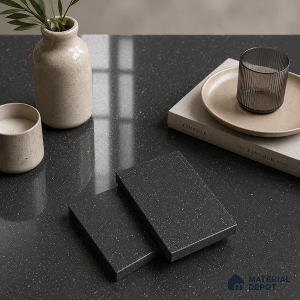 Terrazzo Large Format Slab TL 12561 Pallazio Nero 8 ft x 2.62 ft White Full Body Glossy Finish - 15 mm | Suitable for Counter Top, Table Top & Window Frame