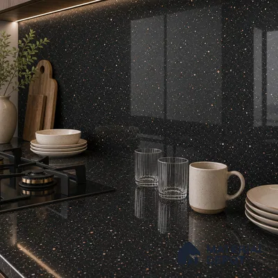 Terrazzo Large Format Slab TL 12561 Pallazio Nero 8 ft x 2.62 ft White Full Body Glossy Finish - 15 mm | Suitable for Counter Top, Table Top & Window Frame