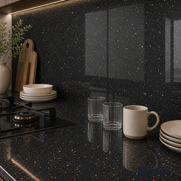Terrazzo Large Format Slab TL 12561 Pallazio Nero 8 ft x 2.62 ft White Full Body Glossy Finish - 15 mm | Suitable for Counter Top, Table Top & Window Frame