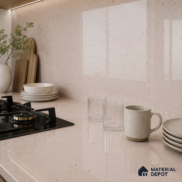 Terrazzo Large Format Slab TL 12665 Pallazio Blossom 8 ft x 2.62 ft White Full Body Glossy Finish - 15 mm | Suitable for Counter Top, Table Top & Window Frame
