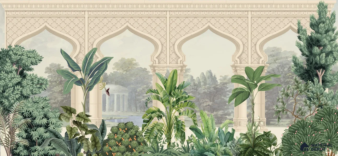 Whispering Garden Arches Silk Thread Gulbahar Print | WP 04189 B Canvas Texture Finish Indian Style luxurious Customized size Wallpaper | 250 GSM WP01CNF Paper | (MOQ = 30 Sq. Ft.)