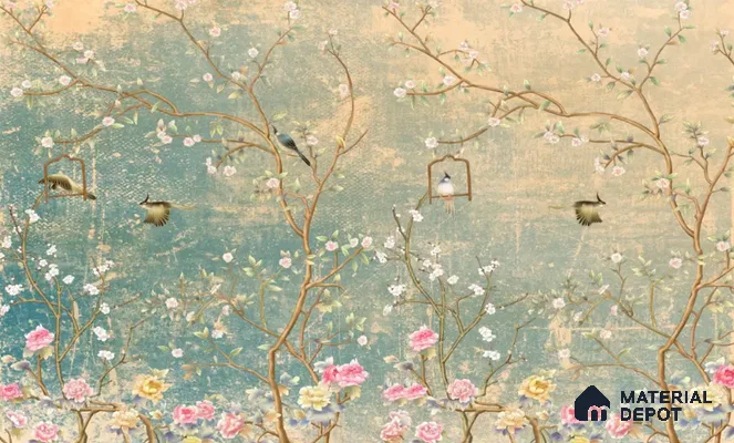 Whispers Among the Branches Tropical Mist Nature Art | WP 04025 Non Woven Matte Finish Chinoiserie Style Premium Customized size Wallpaper | 150 GSM WP01MTF Paper | (MOQ = 30 Sq. Ft.)