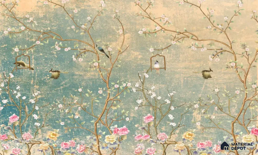 Whispers Among the Branches Tropical Mist Nature Art | WP 04025 Non Woven Matte Finish Chinoiserie Style Premium Customized size Wallpaper | 150 GSM WP01MTF Paper | (MOQ = 30 Sq. Ft.)