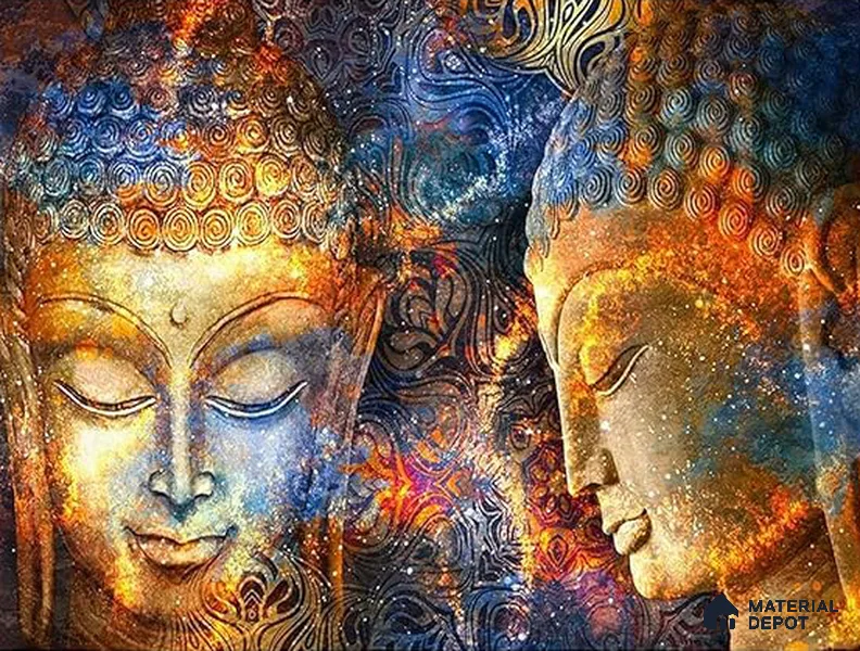 Cosmic Awakening Buddha Artistic Harmony | WP 04100 B Canvas Texture Finish Indian Style luxurious Customized size Wallpaper | 250 GSM WP01CNF Paper | (MOQ = 30 Sq. Ft.)