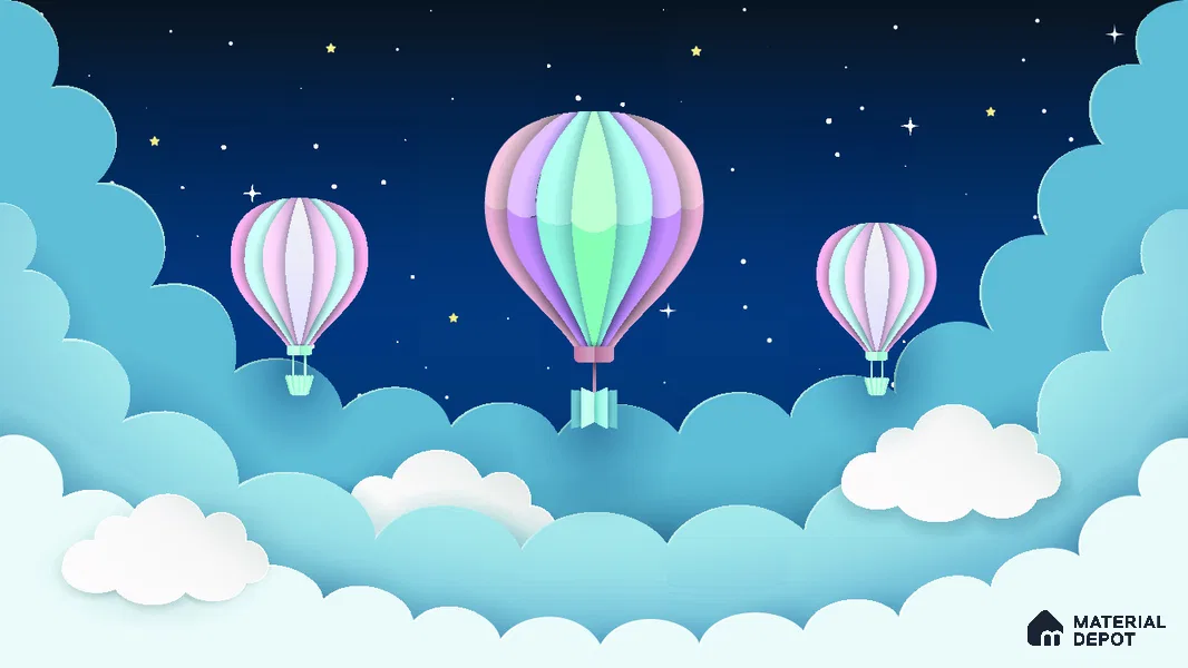 Gentle Night Sky Ride Balloon Above Clouds Scene | WP 04070 Canvas Texture Finish Space Style luxurious Customized size Wallpaper | 250 GSM WP01CNF Paper | (MOQ = 30 Sq. Ft.)