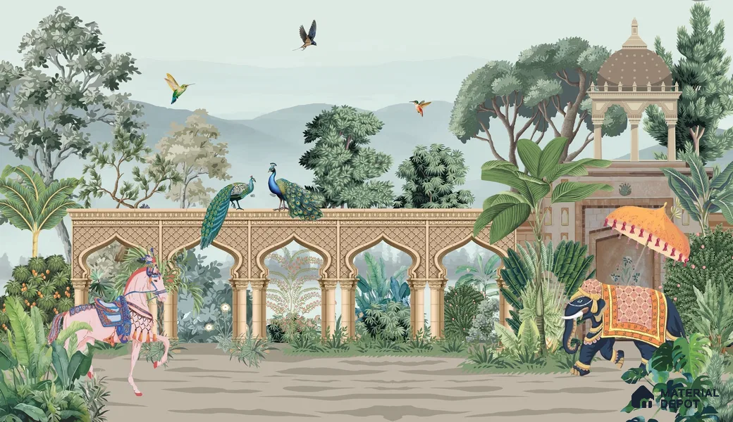 A Walk Through the Royal Garden | WP 04190 Non Woven Matte Finish Indian Style Premium Customized size Wallpaper | 150 GSM WP01MTF Paper | (MOQ = 30 Sq. Ft.)