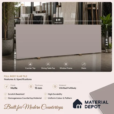 Plain Counter Top Slab TL 11513 B Dust 8 ft x 2.6 ft Full Body Vitrified Matte Finish - 15 mm | Suitable For Counter Top, Dining Table Top & Window Frame