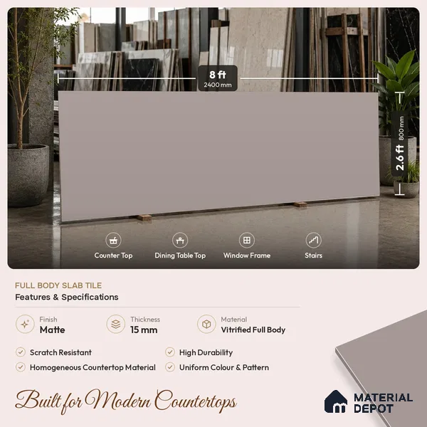 Plain Counter Top Slab TL 11513 B Dust 8 ft x 2.6 ft Full Body Vitrified Matte Finish - 15 mm | Suitable For Counter Top, Dining Table Top & Window Frame