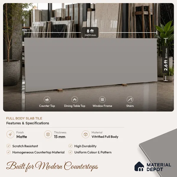 Plain Counter Top Slab TL 11513 C Pastel 8 ft x 2.6 ft Full Body Vitrified Matte Finish - 15 mm | Suitable For Counter Top, Dining Table Top & Window Frame