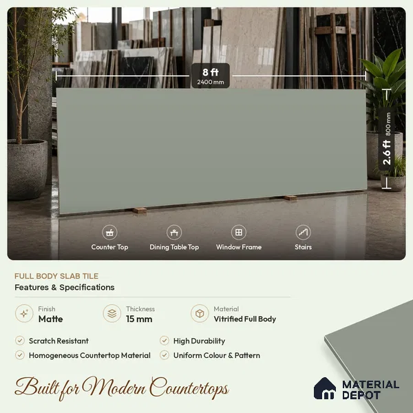 Plain Counter Top Slab TL 11513 D Grevel 8 ft x 2.6 ft Full Body Vitrified Matte Finish - 15 mm | Suitable For Counter Top, Dining Table Top & Window Frame