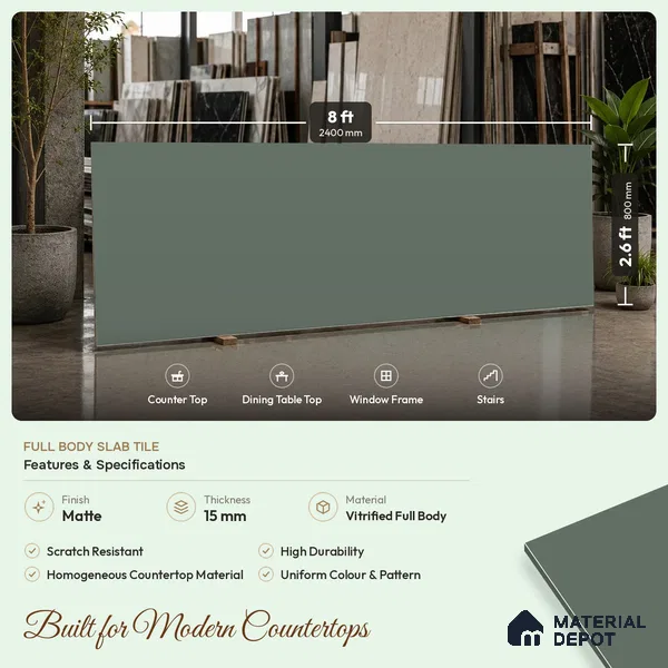 Plain Counter Top Slab TL 11513 E Juniper 8 ft x 2.6 ft Full Body Vitrified Matte Finish - 15 mm | Suitable For Counter Top, Dining Table Top & Window Frame