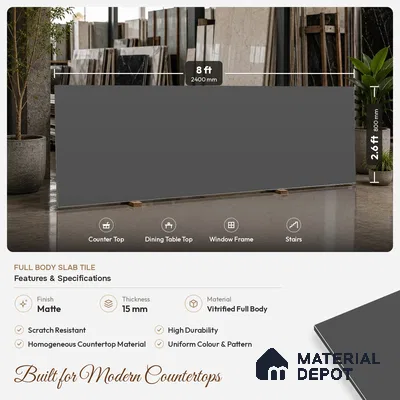 Plain Counter Top Slab TL 11513 F Midnight 8 ft x 2.6 ft Full Body Vitrified Matte Finish - 15 mm | Suitable For Counter Top, Dining Table Top & Window Frame