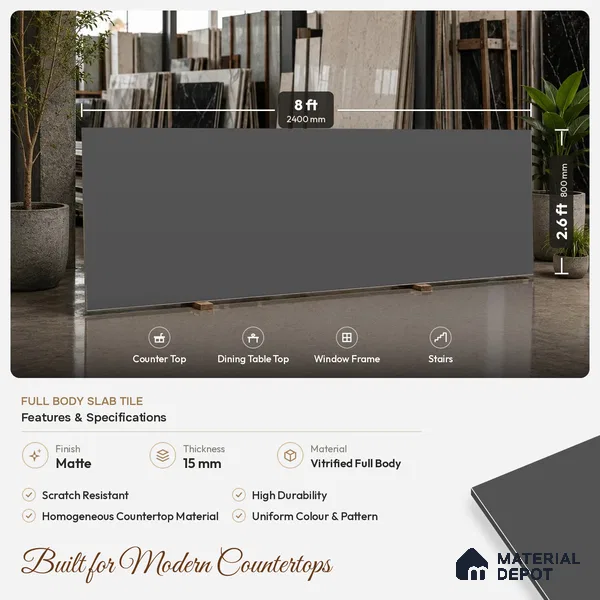 Plain Counter Top Slab TL 11513 F Midnight 8 ft x 2.6 ft Full Body Vitrified Matte Finish - 15 mm | Suitable For Counter Top, Dining Table Top & Window Frame