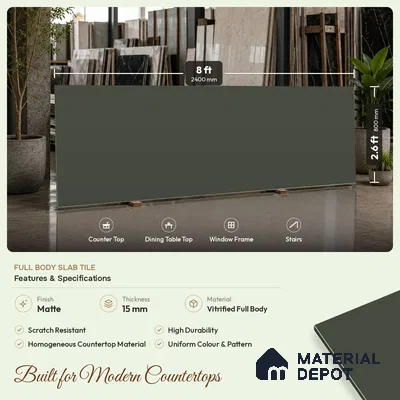 Plain Counter Top Slab TL 11513 G Olive 8 ft x 2.6 ft Full Body Vitrified Matte Finish - 15 mm | Suitable For Counter Top, Dining Table Top & Window Frame